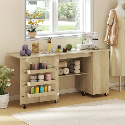 HOMCOM Sewing Machine Table with Drop Leaf, Folding Craft Table with 2 Doors and Adjustable Shelf for Small Spaces, Natural