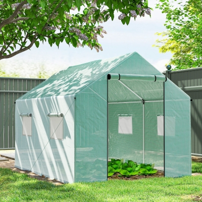 Outsunny Walk-in Tunnel Greenhouse UV-resistant Green House with Door and Mesh Windows, 6.6' x 10' x 6.6', Green