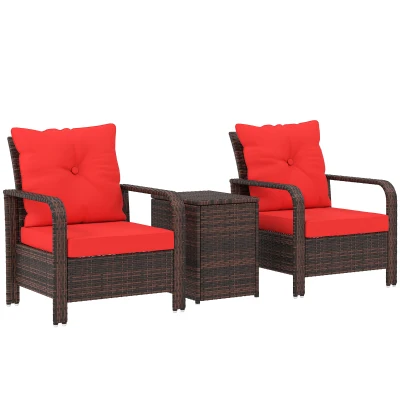 Outsunny 3 Pieces Wicker Patio Furniture Set, Rattan Bistro Set with Storage Coffee Table and Thickened Cushions, Outdoor Conversation Set for Garden, Porch, Balcony, Red
