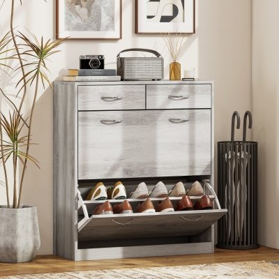 HOMCOM Narrow Shoe Storage with 2 Flip Drawers and Adjustable Shelves Shoe Organizer Cabinet for 12 Pairs of Shoes, Grey