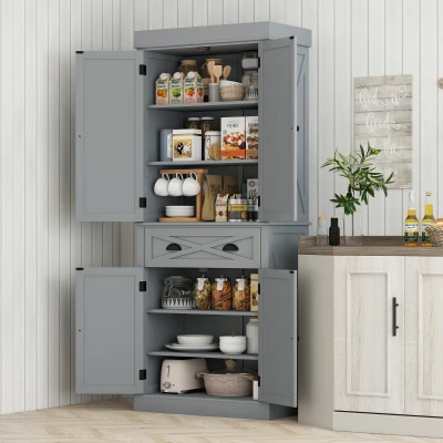 HOMCOM 72" Kitchen Pantry Cabinet with Adjustable Shelves, Gray