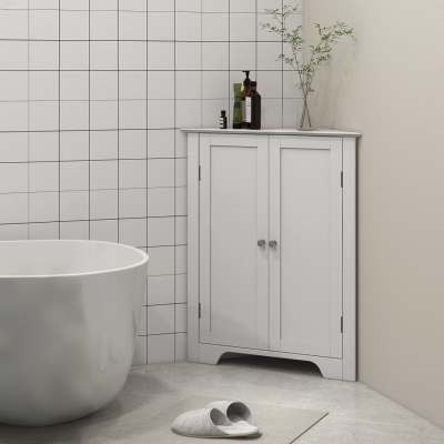 kleankin Modern Bathroom Storage Cabinet, Corner Cabinet with Doors, Bathroom Cabinet with Adjustable Shelf and Recessed Door, White