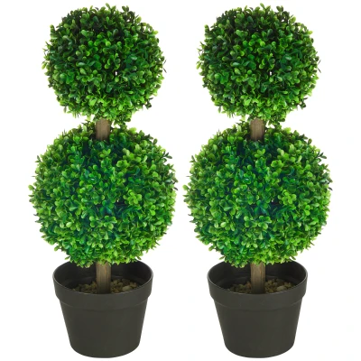 HOMCOM Artificial Boxwood Topiary Tree Set of 2, Faux Boxwood Ball Trees in Pot, Fake Plant for Indoor Outdoor Decor, Green