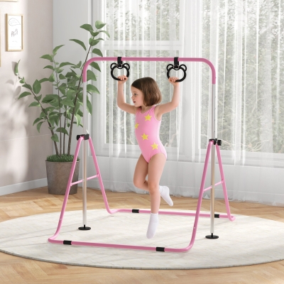 Qaba Kids Gymnastics Bar, Adjustable Height Folding Horizontal Bar with Gymnastics Rings, Non-slip Rubber Floor Rings, Pink