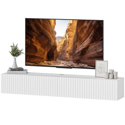 HOMCOM 55" Floating TV Stand for TVs up to 72 Inch, Wall Mount Media Console with 2 Fluted Flip-Down Doors, Cable Hole, White
