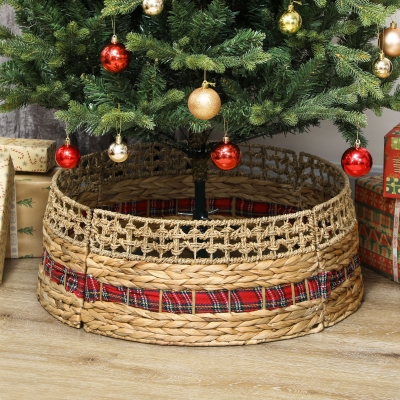 HOMCOM 23 inch Rustic Christmas Tree Skirt, Water Hyacinth Christmas Tree Collar for Party, Holiday, Home Decoration, Natural