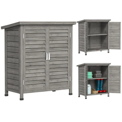 Outsunny Wooden Garden Storage Shed Kit Wood Garage Tool Organisation Cabinet with 2 Door , 34" x 18" x 38", Grey