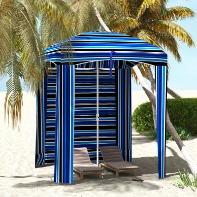 Outsunny 5.8' Cabana Umbrella with Walls & Vents, Blue Stripe