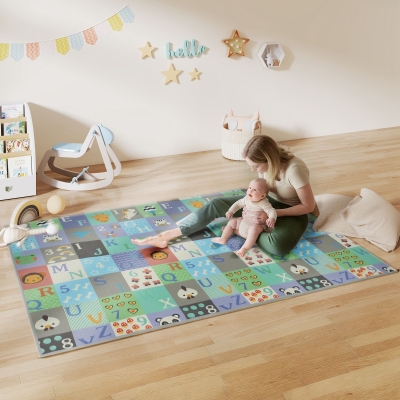 Qaba Foldable Baby Plat Mat, 79" x 59" Kids Floor Mat for Crawling and Learning, Alphabet & Track Theme