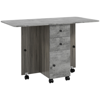 HOMCOM Drop Leaf Dining Table, Mobile Folding Table on Wheels with Drawers and Cabinet for Dining Room, Kitchen, Grey