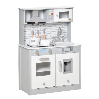 Qaba Kids Kitchen Play Cooking Toy Set, Educational Pretend Role Playset Game with Sound & Light Effect, Battery Operated Cooktop, Ice Machine for 3-6 Years, Grey