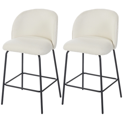 HOMCOM Set of 2 Counter Height Barstools, Upholstered Linen Bar Stools with Backrest, Footrest and Steel Legs, Cream White