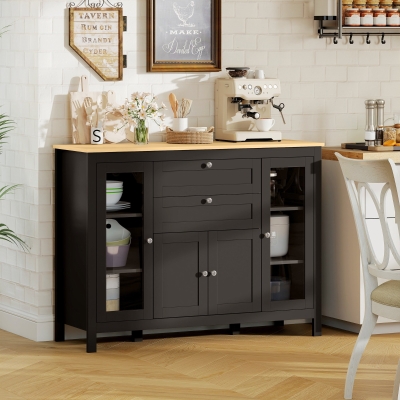 HOMCOM Buffet Cabinet Sideboard with 2 Drawers, 3 Storage Cabinets, Glass Doors and Adjustable Shelves, Dark Brown