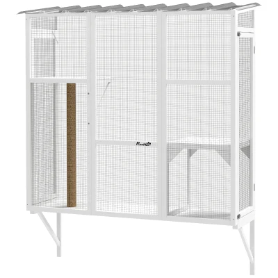 PawHut Wooden Catio Outdoor, Cat Window Box Enclosure for 2-3 Large Cats with 2 Jumping Platforms & Scratching Post, White