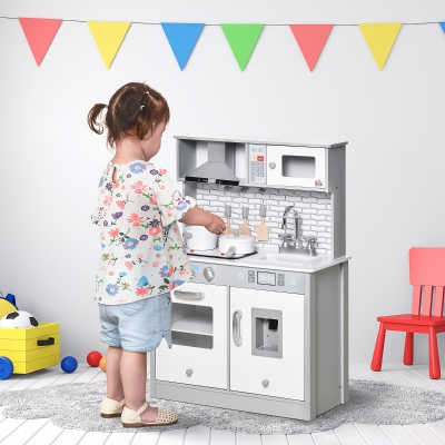 Qaba Kids Kitchen Play Cooking Toy Set, Educational Pretend Role Playset Game with Sound & Light Effect, Battery Operated Cooktop, Ice Machine for 3-6 Years, Grey