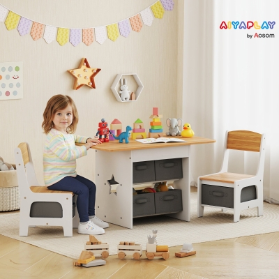 Qaba 3 Piece Kids Table and Chair Set with 6 Removable Drawers, for Classroom, Living Room, Bedroom, Nursery, Natural
