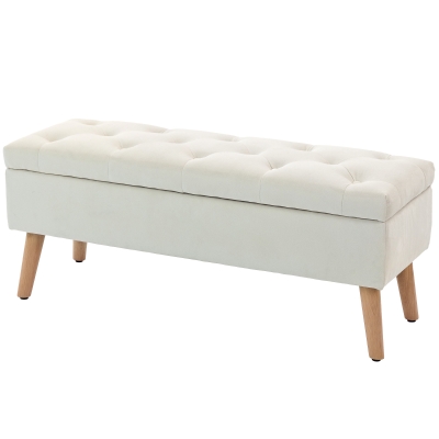 HOMCOM Storage Ottoman with Lid, Velvet Upholstered Storage Bench with Wood Legs for Living Room, Cream White