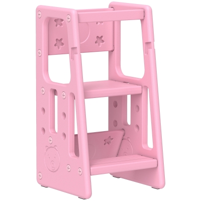Qaba Toddler Kitchen Helper 2 Step Stool with Adjustable Height Platform and Safety Rail, Pink