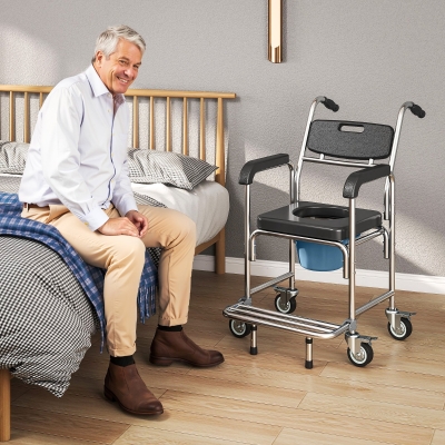 HOMCOM 3-in-1 Shower Commode Wheelchair, Transport Beside Commode Chair with Padded Seat for the Elderly, Disabled