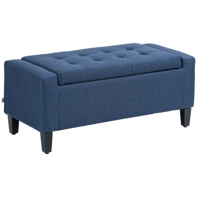 HOMCOM Storage Ottoman Bench, Linen Upholstered Bench with Tufted Design, Dark Blue