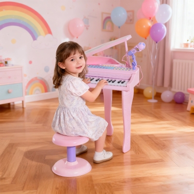 Qaba Mini Electronic Musical Piano 37 Key Keyboard Multifunction Kids Toy with Microphone Stool (Pink)