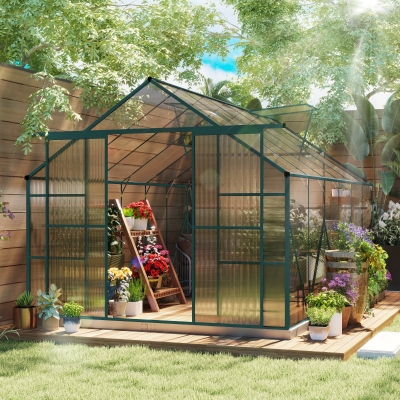 Outsunny Aluminium Greenhouse Polycarbonate Walk-in Garden Greenhouse Kit with Adjustable Roof Vent, 8 x 12ft, Clear