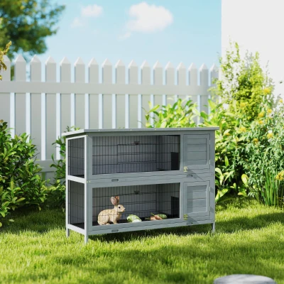 PawHut 54" 2-Story Rabbit Hutch, Wooden Pet House, Gray
