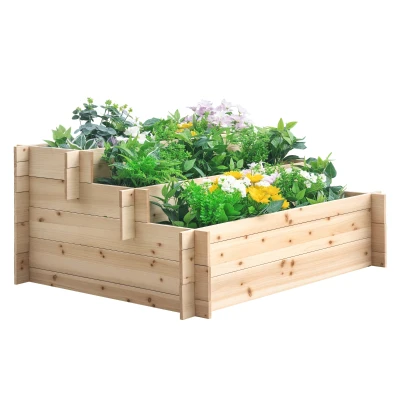 Outsunny 3-Tier Wood Raised Garden Bed, 47.2" x 39.4" x 21.3" Elevated Planting Box, Outdoor Vegetable Flower Container, Herb Garden Indoor Kit, Natural