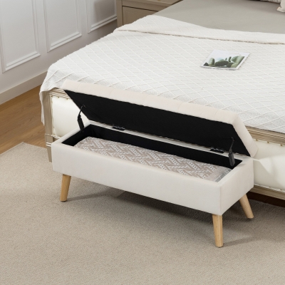 HOMCOM Storage Ottoman with Lid, Velvet Upholstered Storage Bench with Wood Legs for Living Room, Cream White