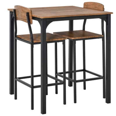 HOMCOM 3-Piece Pub Table Set, Walnut Square Dining with Stools