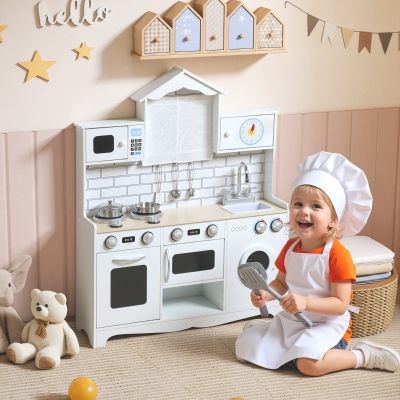 Qaba Pretend Play Kitchen for Kids, Pretend Kids Kitchen Playset with Switch Knob Sound, Clock, for Ages 3-6 Years, White