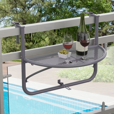 Outsunny Adjustable Balcony Hanging Railing Table, Metal Mounting Mini Wall Desk Storage Rack, Outdoor Flower Stand Serving Table Half Round, Grey