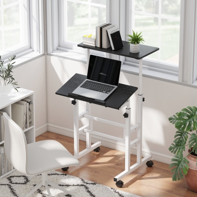 HOMCOM Stand Up Desk, Height & Angle Adjustable Computer Desk with Wheels for Standing or Sitting, Laptop Table, Black