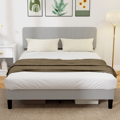 HOMCOM Queen Size Bed Frame with Adjustable Upholstered Headboard Platform Bed Frame Wood Slat Support Noise Free Light Grey