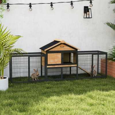 PawHut Rabbit Hutch Outdoor, 85"L Large Wooden Bunny Cage with Run Box, Removable Plastic Tray, Asphalt Roof, Ramp, Yellow
