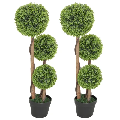 HOMCOM 3FT Potted Fake Plants Set of 2, Artificial Boxwood Topiary Trees, Triple Ball Trees for Indoor and Outdoor, Light Green