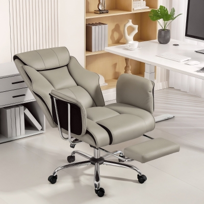HOMCOM Reclining Office Chair, Overstuffed Executive Desk Chair with High Back, PU Leather, Footrest, Swivel Wheels, Grey