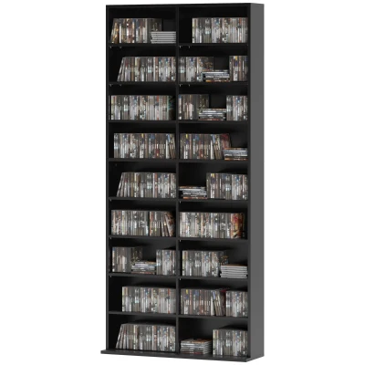HOMCOM 9-Tier DVD Shelf with 18 Compartments and 14 Adjustable Shelves, Holds 640 CDs, 360 DVDs or 430 Blu-rays, Black