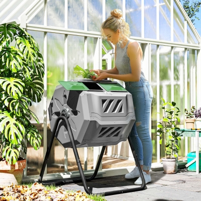 Outsunny Tumbling Compost Bin Outdoor Dual Chamber 360° Rotating Composter 43 Gallon with Sliding Doors, Dark Green