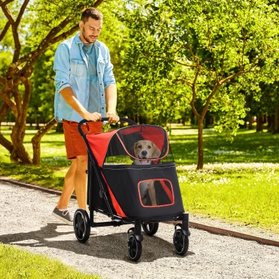 PawHut Dog Stroller for Dogs up to 66 lbs, Foldable, Red