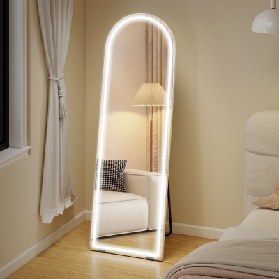 HOMCOM Free Standing Mirror with Dimmable and 3 Colour LED Lights 64" x 21" Arched Floor Mirror for Bedroom Living Room, Clear