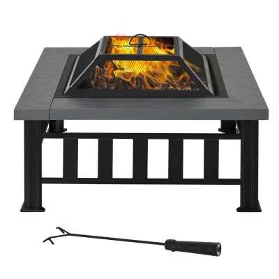Outsunny 34" Outdoor Square Firepit Steel Stove Portable with Spark Screen Cover Log Grate Poker and Rain Cover for Outside Wood Burning and Camping Black
