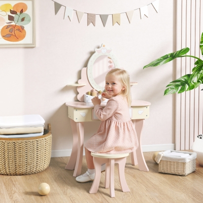 Qaba Kids Vanity Set, Girls Dressing Table with Mirror and Stool, 7 Accessories, Drawers, Desktop Storage, Pink