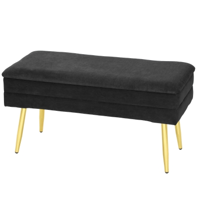HOMCOM 31" Storage Ottoman, Velvet End of Bed Bench with Steel Legs, Foot Stool with Storage for Bedroom, Living Room, Black