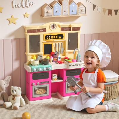 Qaba Play Kitchen Set, Kids Kitchen Playset with Real Lights and Sounds, Sink, Stove, Clock, Accessories, Pink