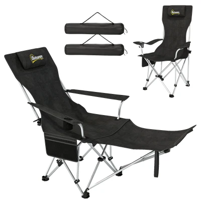 Outsunny Set of 2 Reclining Camping Chair with Foot Rest, Folding Camping Chair w/ Headrest, Cup Holder, Storage Bag, Black