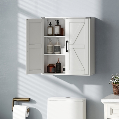 HOMCOM Bathroom Wall Cabinet, Wall Mounted Medicine Cabinet with Barn Doors and Adjustable Shelves, Over The Toilet, White