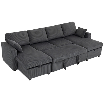 HOMCOM Convertible Sofa Bed, Corduroy U-Shaped Sleeper Sofa Couch with Storage Chaise, Pillows, Spring, Futon Couch, Grey
