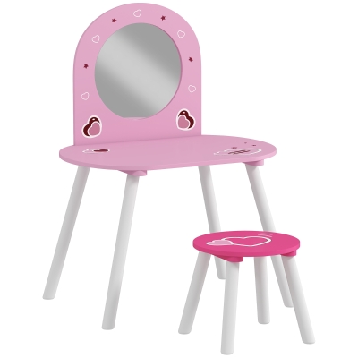 Qaba Kids Dressing Table with Mirror and Stool, Girls Vanity Set for Bedroom, Nursery, for Ages 3-6, Pink