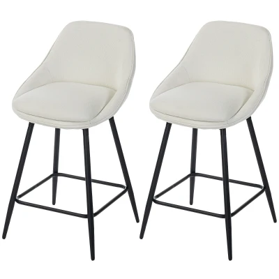 HOMCOM 26" Counter Height Barstools Set of 2, Upholstered Swivel Bar Stools with Backrests and Armrests, Cream White